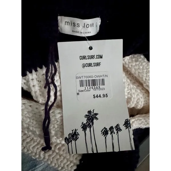 Curl Surf Striped Sweater Vest Chunky Knit V-Neck Navy Cream Medium NWT - Image 8