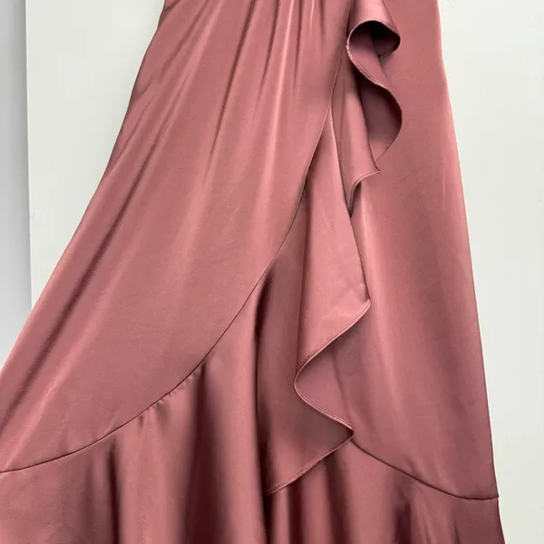 Lulus Enchanted Moments Mauve Pink Satin Ruffle Dress Sz Medium High Low V Neck - Image 9