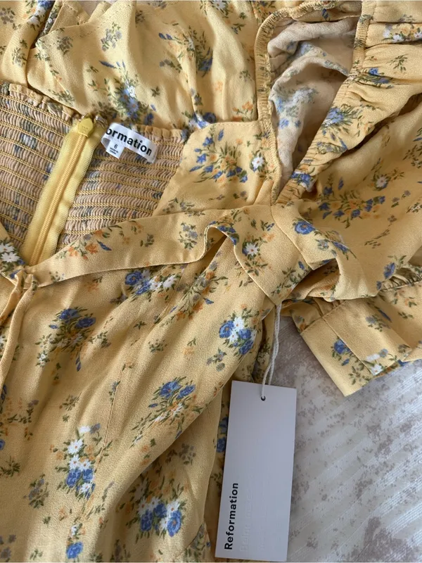 Reformation Yellow Floral Puff-Sleeve Mini Dress - Image 11