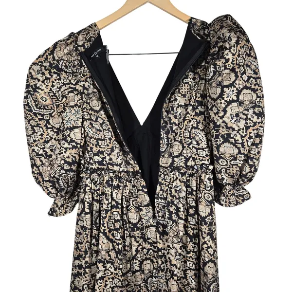 Area Stars Medallion Midi Dress Tan Black Puff Sleeve‎ V-Neck Size M NEW - Image 6