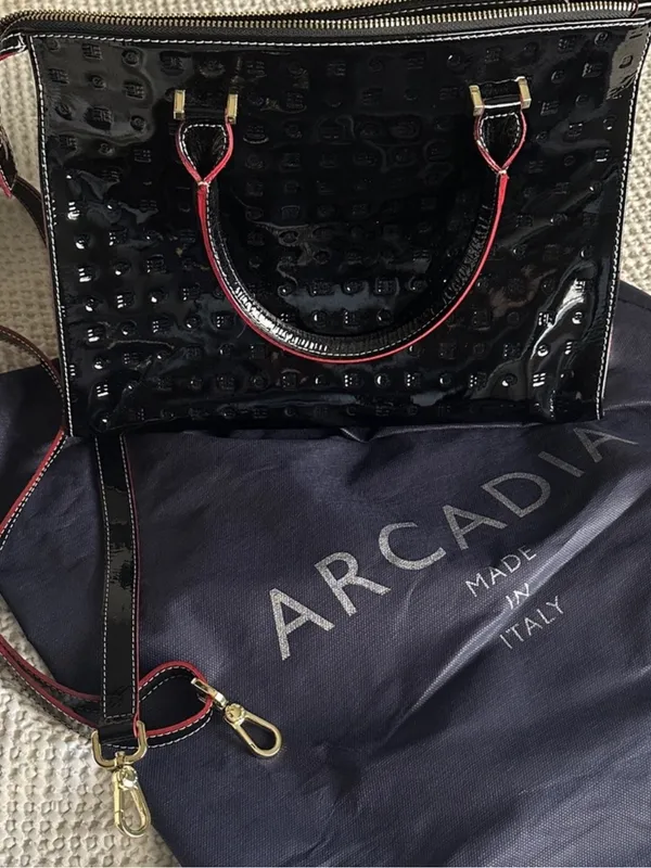 Arcadia Black Patent Satchel with PinkTrim - Image 3
