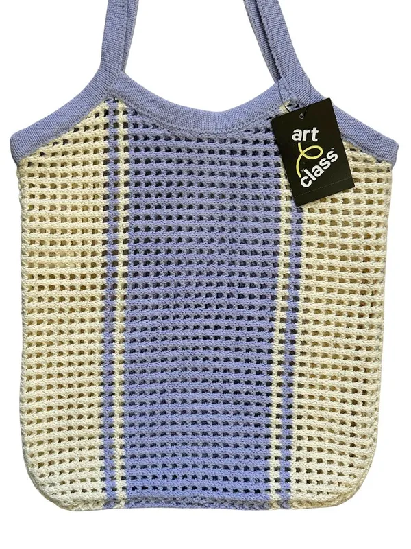 Art Class Girls Knit Tote Bag Purple Cream Summer Beach Vacation Chic - Image 4