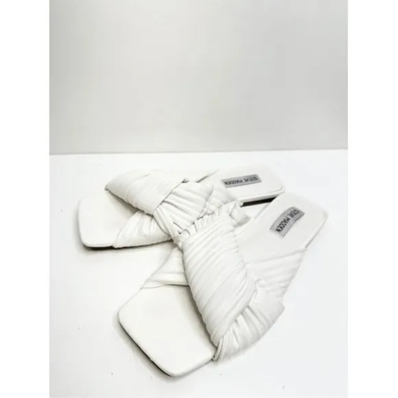 Steve Madden Mentor White Ruched Knotted Square Toe Flat Slide Sandals 8.5M - Image 4