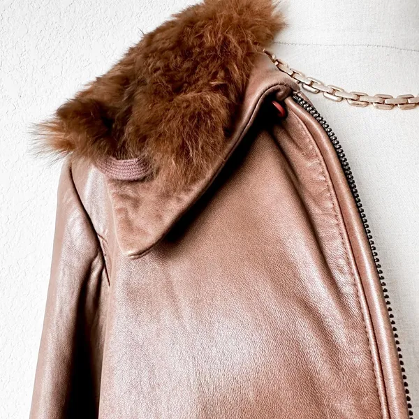 Vintage Brown Rabbit Fur Genuine Leather Moto Jacket Coat Size L - Image 6
