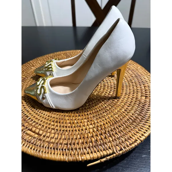 Liliana White Gold Flawless Flawless Lettering Pointed Toe Stiletto Pumps Heels - Image 2