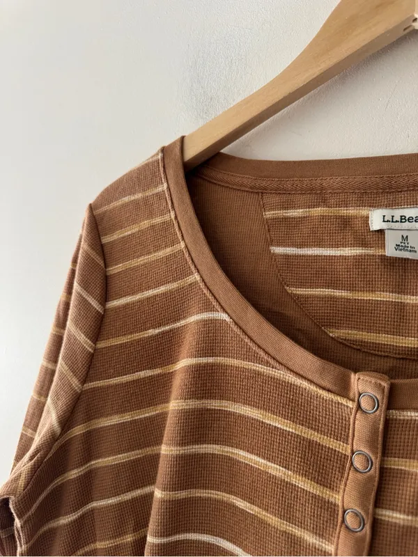 L.L. Bean Brown Stripe Henley Waffle Long Sleeve Top‎ - Image 2