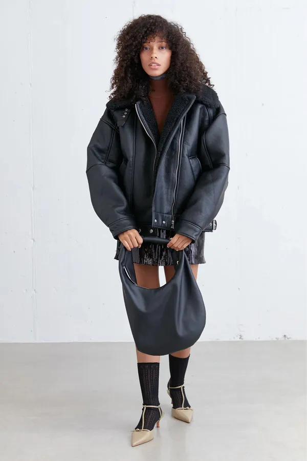 Oak + Fort Black Faux Leather Jacket with Shearling Collar - Image 2