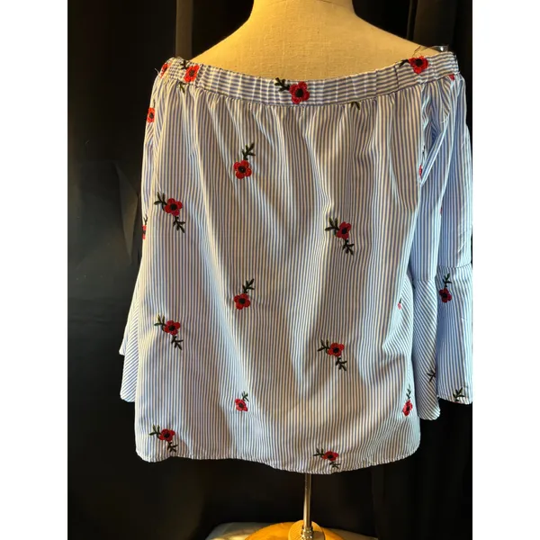 Always Indigo Womens XL Blue White Striped Poppy Floral Off Shoulder Blouse Top - Image 4