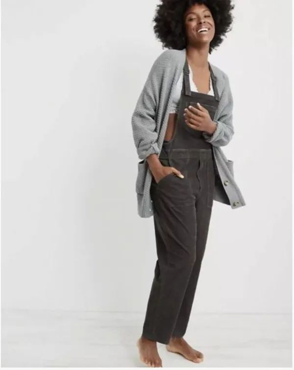 Aerie Overalls Womens XXS Gray Corduroy Square Neck Bib Pockets Casual Relaxed - Image 2