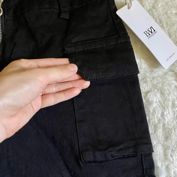 High Waist Zipper Side Pockets Cargo Shorts Black - Image 4