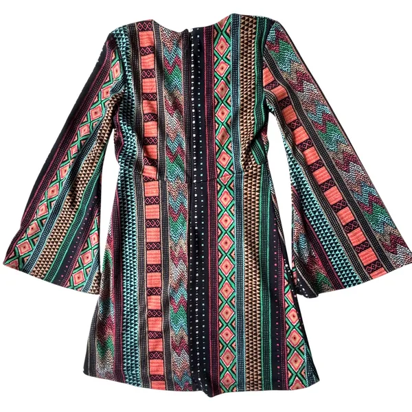 Judith March Bell Sleeve Mini Dress‎ Womens Medium Geometric Tribal Print Retro - Image 2