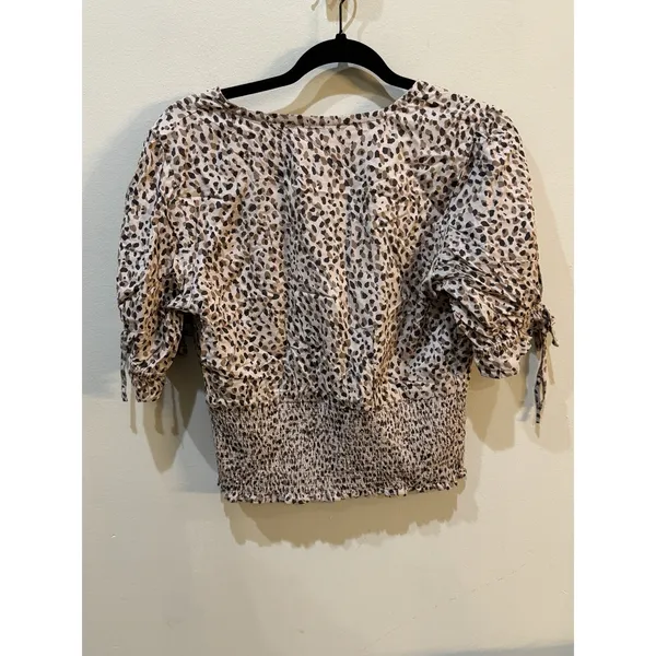 Abercrombie & Fitch Leopard Print Smocked Waist V‎ Neck Puff Tie Sleeve Blouse - Image 3