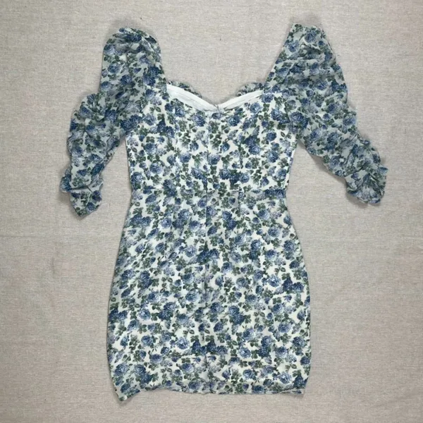 Cotton Candy | NWOT Blue and White Floral Ruched Peasant Dress | Small - Image 2
