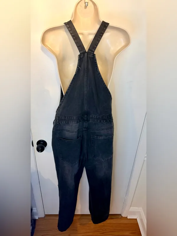 Love Tree Denim Overalls Size M Dark Wash Distressed Black Gray Overalls - Image 14