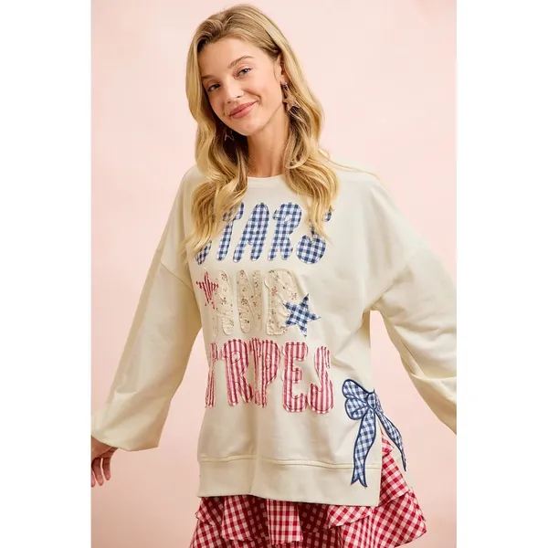 BiBi‎ 4th Of July Stars And Stripes Patches Sweatshirt - Cream - Small - Image 8