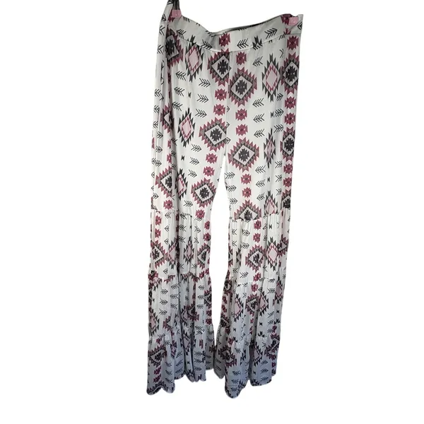 Marigold Kiss Women’s Flare Pants L Geometric Print White Pink Black Gray - Image 6