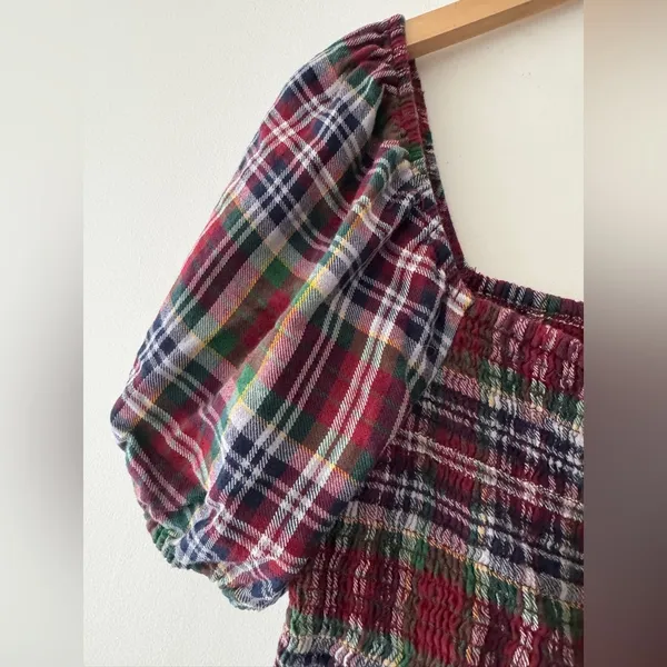 American Eagle Women's Plaid Puff Sleeve‎ Smocked Top Y2K Vibes - Image 3