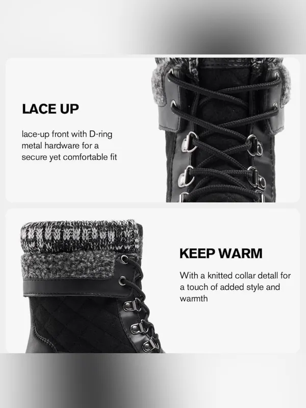Women's Black Quilted Winter Lace-Up Boots with Knit Collar Size 6 - Image 7