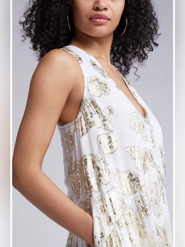 Ciebon White And Gold Floral Metallic Foil Maxi Dress Size Medium - Image 2