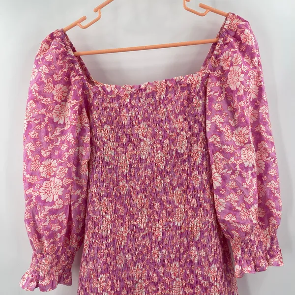 ASOS x NEW LOOK Dress Size 6 Smocked Floral Ruched Pink Orange Mini Sweetheart - Image 9