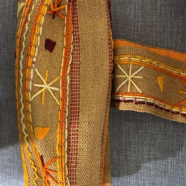 Vintage Burlap Tote Bag Embroidered Tan Orange Cream - Image 6