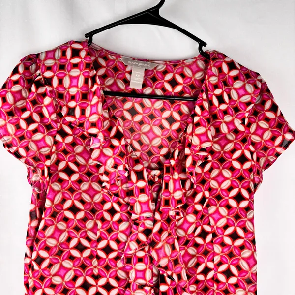 Banana Republic Ruffle Button Down Blouse XS Petite Geometric Print Semi-Sheer - Image 5