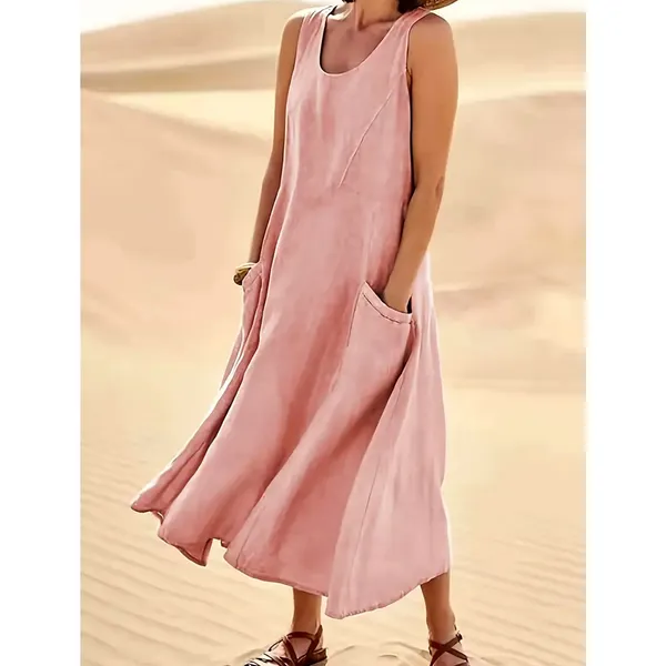 Sleeveless 100% Cotton Midi Dress with Pockets Pink Red size 14 - Image 2