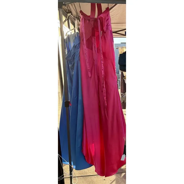 Hot Pink Satin One‎ Shoulder Ruched Formal Gown Halter Neck Side Slit Prom Dress - Image 2