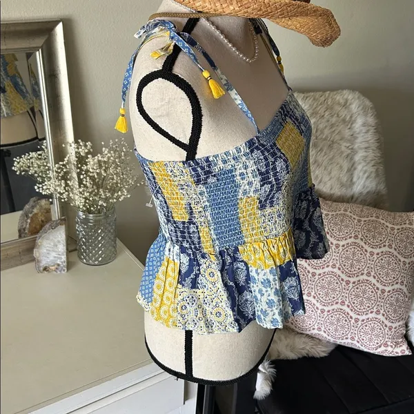 Natural life blue yellow boho floral patchwork smocked ruffle hem tops L XL​ - Image 13