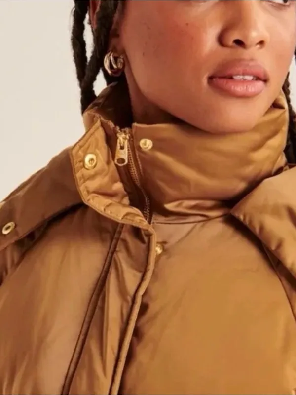 Abercrombie & Fitch Ultra Mid Puffer Jacket S Gold Hooded Après Ski Y2K Gorpcore - Image 4