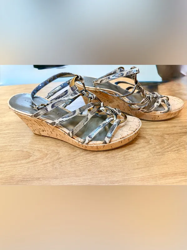 Marc Fisher Snake Skin Faux Leather Strappy Wedge Sandals Women US 8 Gold Rings - Image 3