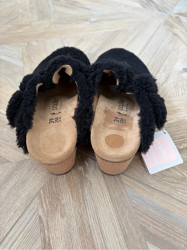 Papillio Birkenstock Fanny Teddy Shearling Clog Mule Wedge Black Size 39 US 8 - Image 2