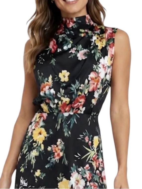 Maurices Black Floral Funnel Neck Satin Midi Dress Size Medium - Image 2