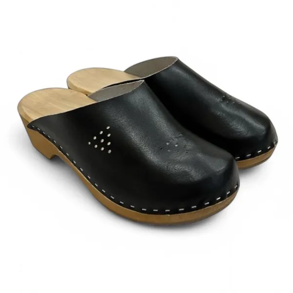 Marcus Black Leather Wooden Swedish Clogs Size 36 - Image 2