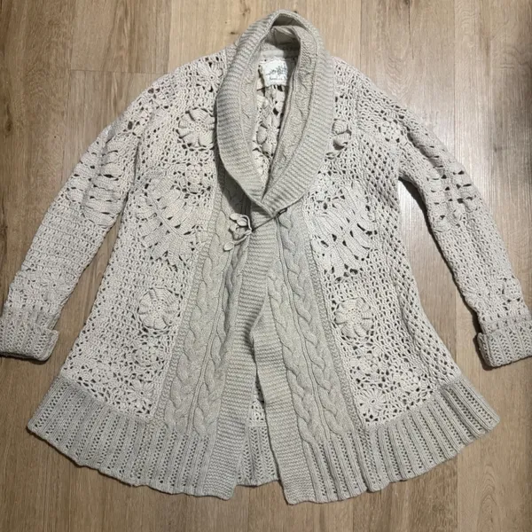 Angel of‎ the North Crochet Knit Cardigan Cream Boho Cottagecore Anthropologie - Image 4
