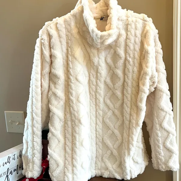 Eddie Bauer So Comfy Blanket Sweater Turtleneck Off White Cable Knit Fleece New - Image 11