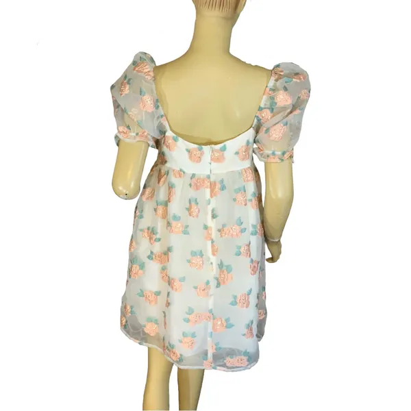Altar'D State White W/Peach & Green Floral Print Organza Baby Doll Dress (M) - Image 3