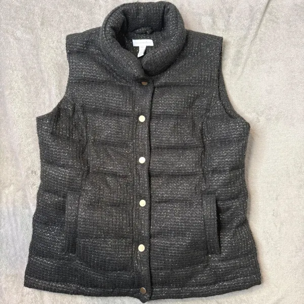 Charter Club Black Metallic Gold‎ Tweed Puffer Vest Quilted Jacket Size S - Image 2