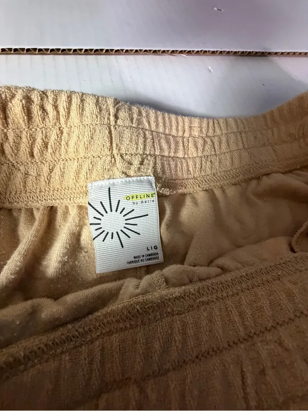 aerie Beige Wide-Leg Cozy Track Pants with smiley faces embossed - Image 3