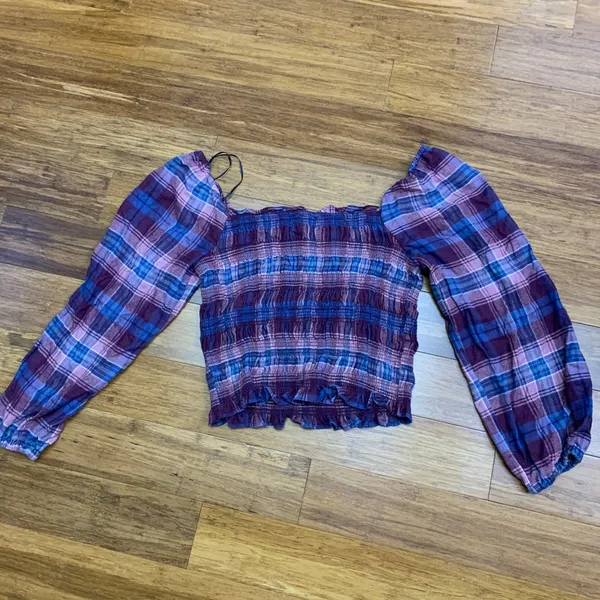 Love Tree Smocked Plaid Square Neck Long‎ Sleeve Crop Top Women's Size Medium - Image 4