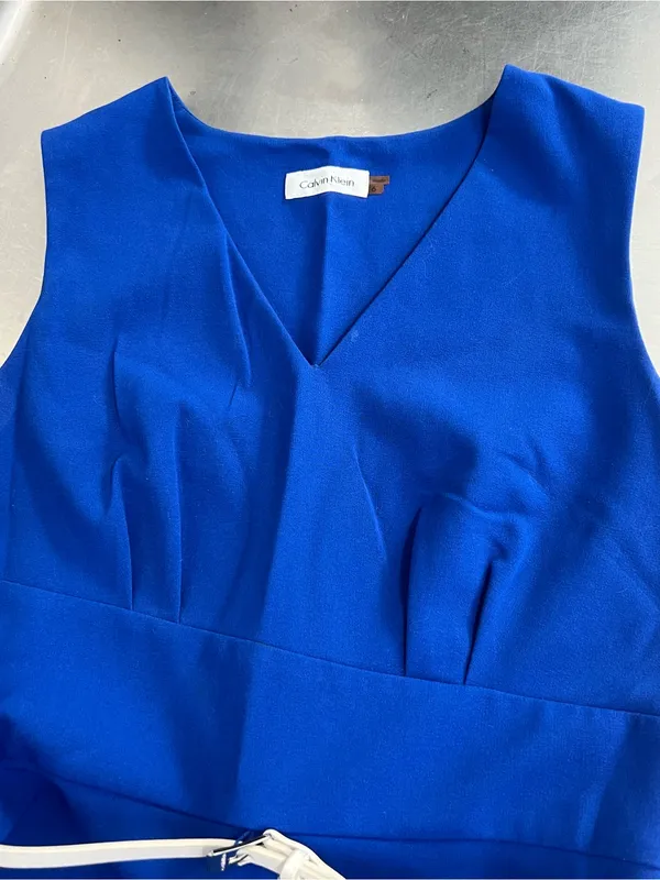 Calvin Klein Blue V-Neck A-Line Belted Lined Crepe Dress Sleeveless Size 6 VGUC - Image 3