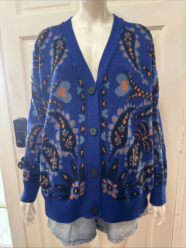 Farm Rio Toucans Scarf Mixed Prints Knit Long Sleeve Cardigan Size Small - Image 4