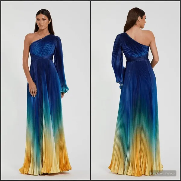 MAC DUGGAL 49903 Blue Ombre Pleated Charmeuse One-Shoulder Gown Dress 4 Flaws - Image 2