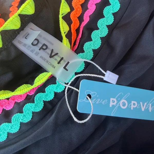 NWT Popvil Black/Neon Scallop Trim High Waisted Tie Side Bikini Set Large - Image 8