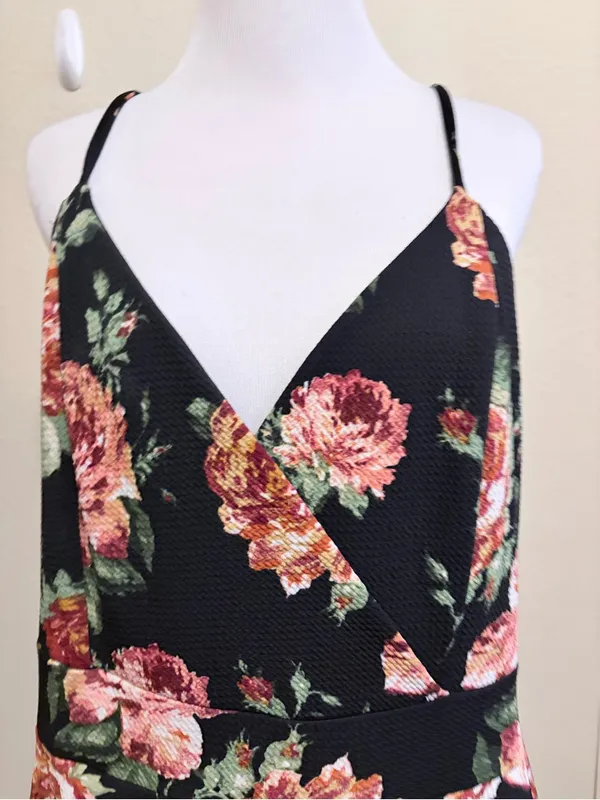 Floral 1X Black V-Neck Spaghetti Strap Dress - Image 2