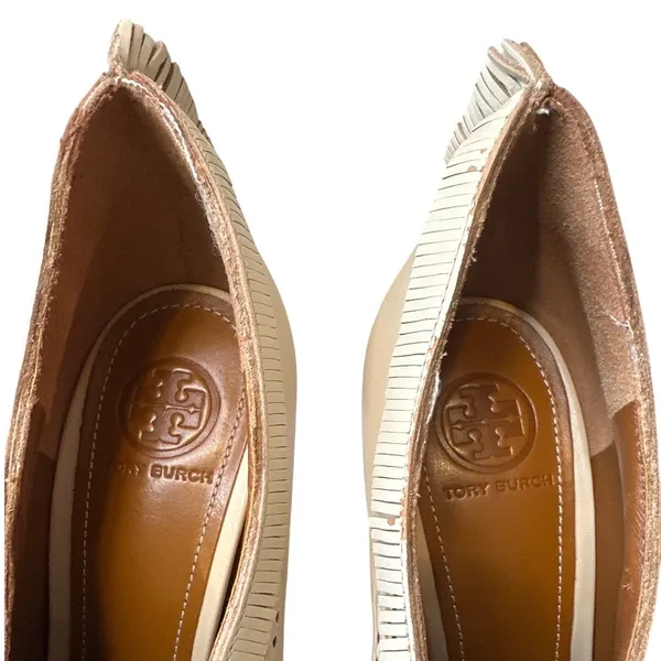 Tory Burch Yuma Fringe Feather Heel 7.5 Folk Art Block‎ Pump - Image 5