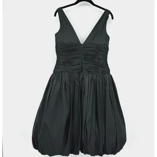 I ssue Black Ruched Taffeta Bubble Hem Dress Women 6 V Neck Y2K Cocktail Party - Image 2