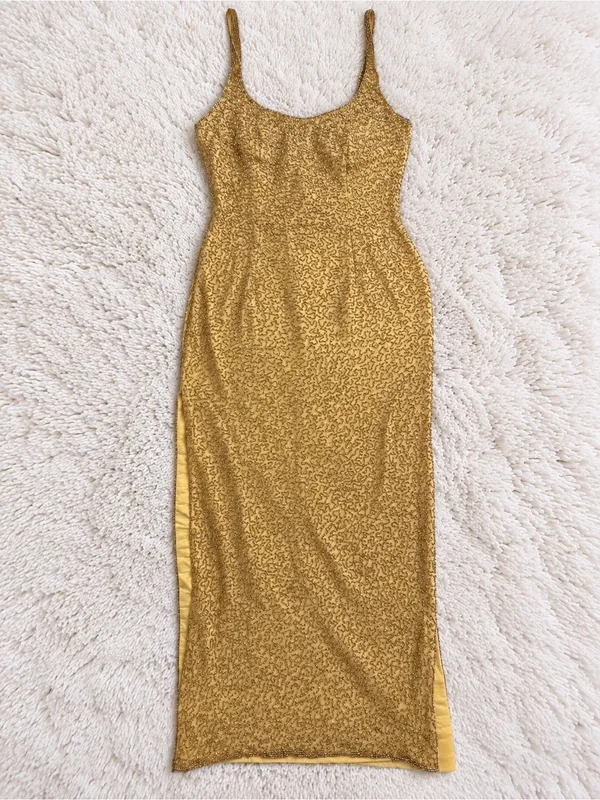Vintage 90s Sean Collection Silk Beaded Evening Gown – Gold – L - Image 5