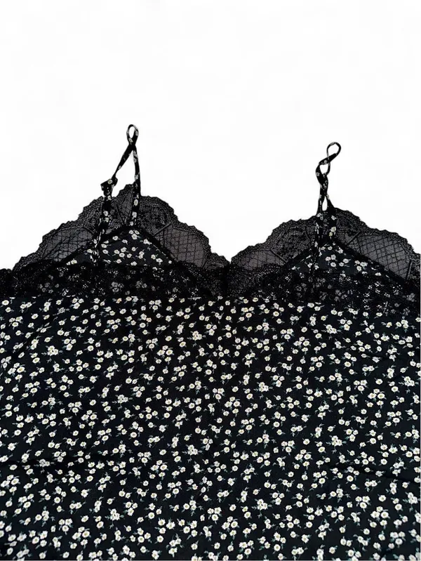 SheIn Maternity Black Lace-Trim Camisole Tank Top with White Daisy Print - Image 5