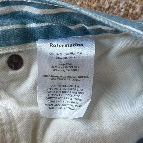 Reformation Striped High Rise Straight Jeans Blue White Size 31 Organic Funky - Image 4